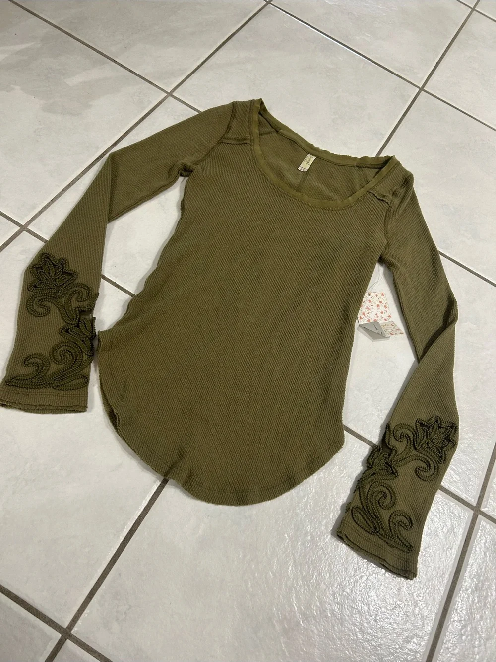 Free People Olive Green Waffle Knit Long Sleeve with Embroidered Cuffs